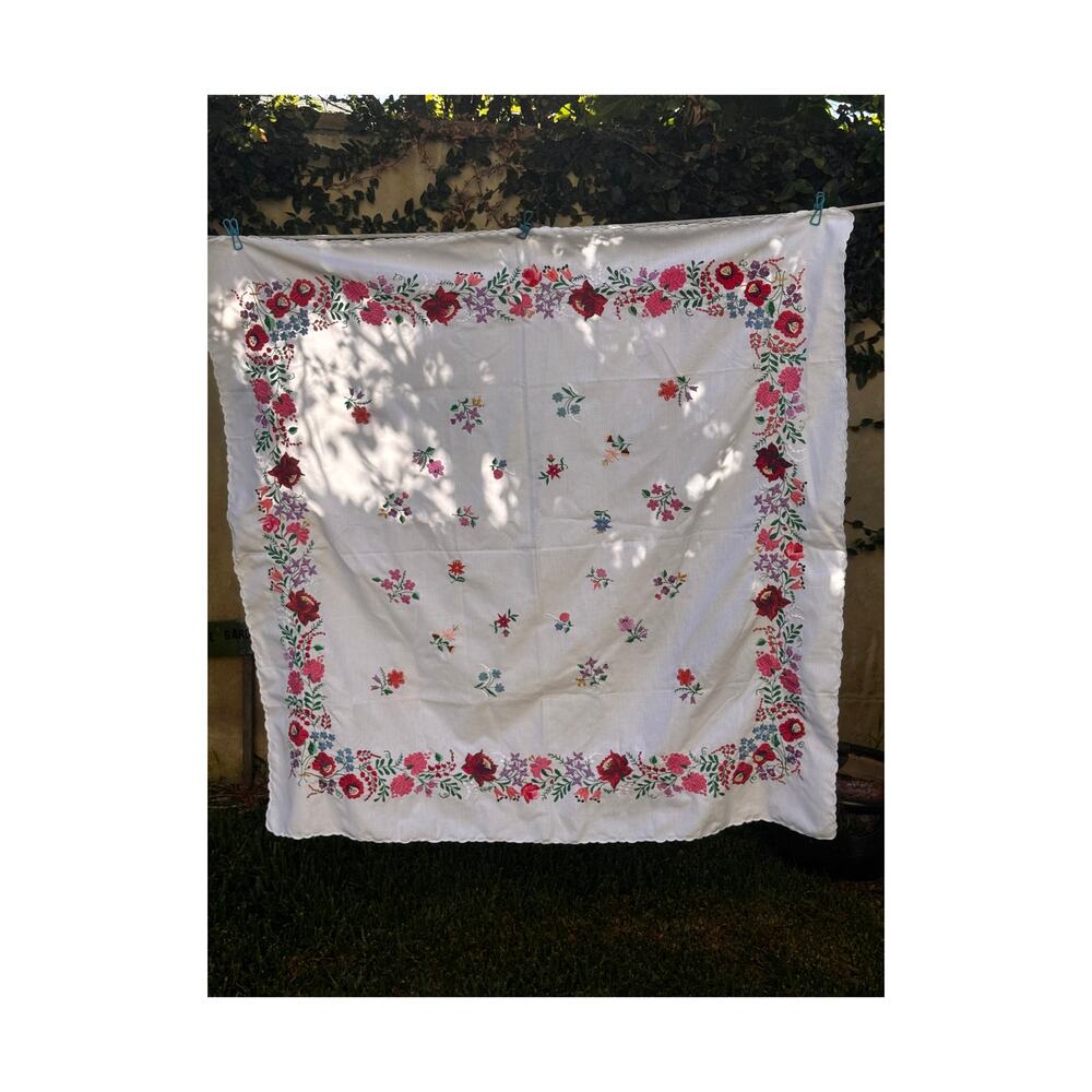 Vtg Hungarian Kalocsa Style Embroidered Tablecloth 45" Square Floral 1970s